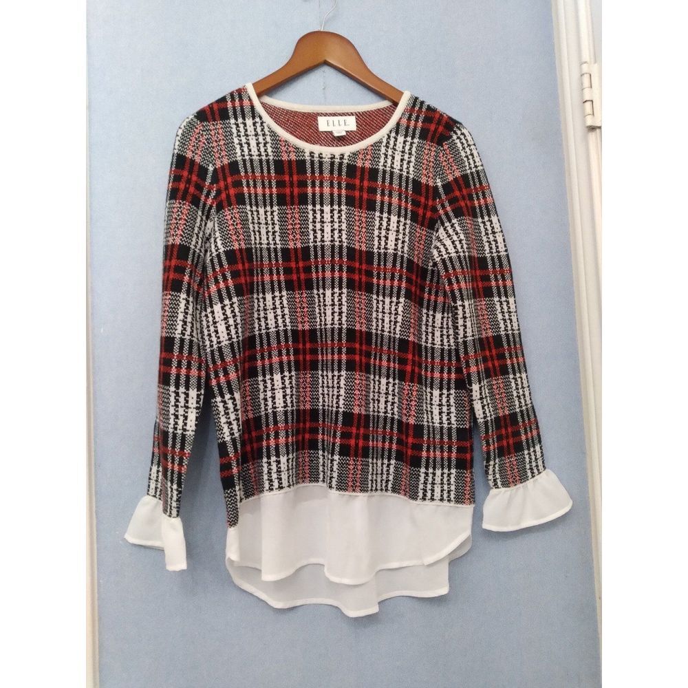 Layered Plaid Sweater Top with Ruffle Sleeves Red & White Buffalo Check Pattern